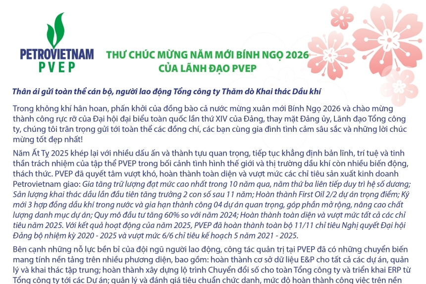 Thư chúc mừng năm mới Bính Ngọ 2026 của Lãnh đạo PVEP